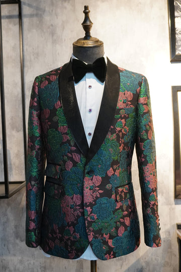 Grøn Sjal Revers Jacquard Mænds Prom Blazer